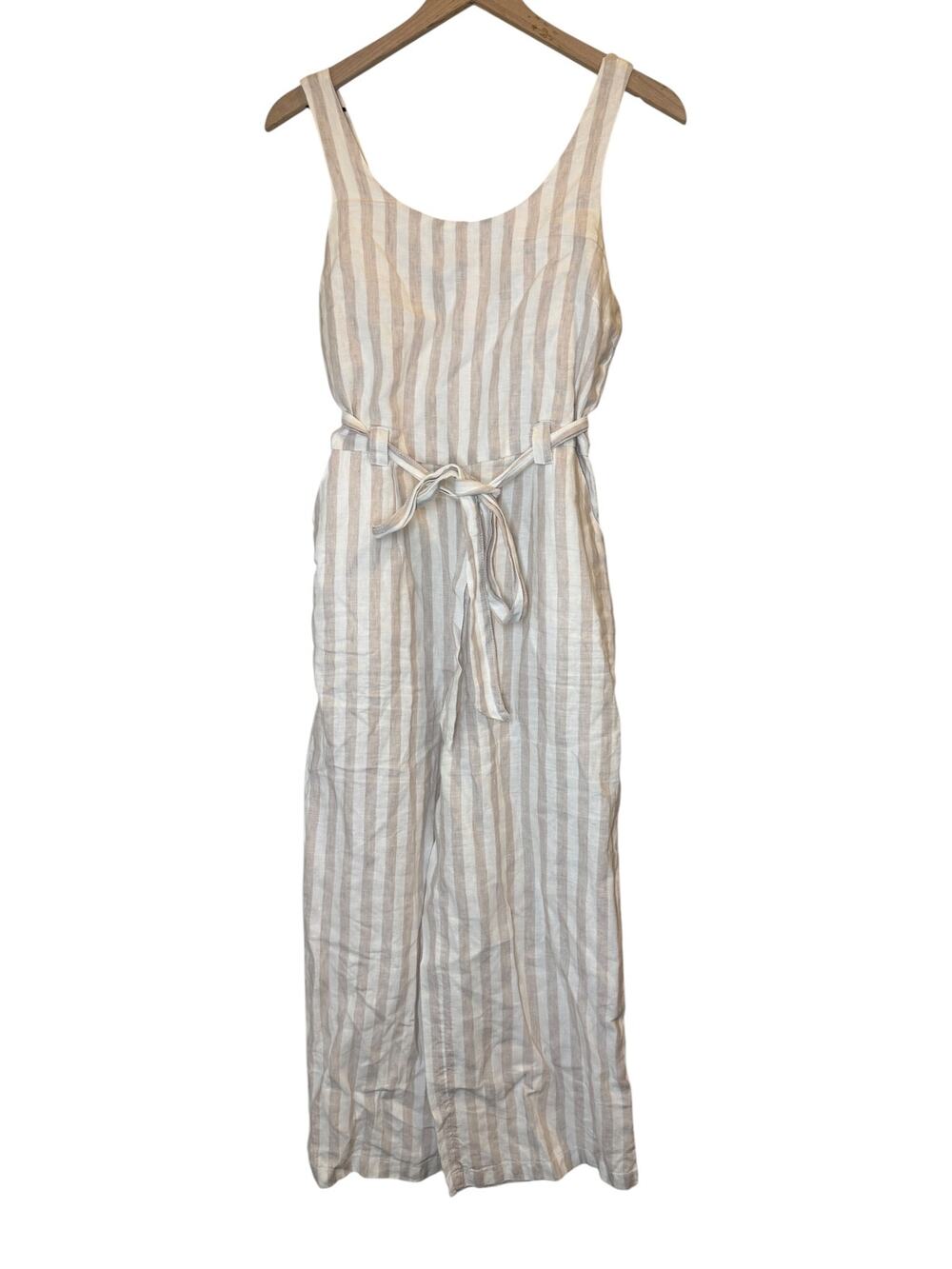 Saint Tropez West Beige Stripe Linen Tie Waist Jumpsuit Women’s 6 Resort